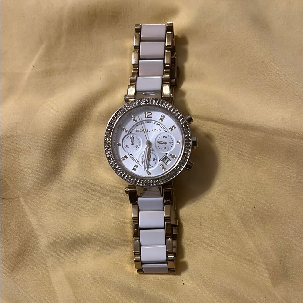 Michael Kors Gold and White Watch with Crystal Bezel